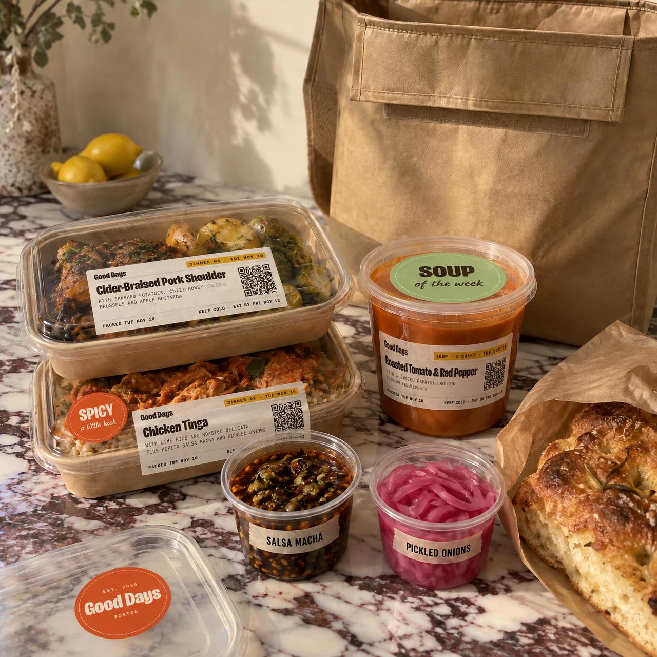 A week of Good Days dinners unpacked on a marble counter: Good Days-labeled trays of cider pork and chicken tinga, a quart of tomato pepper soup, salsa macha, pickled onions, focaccia and an insulated tote